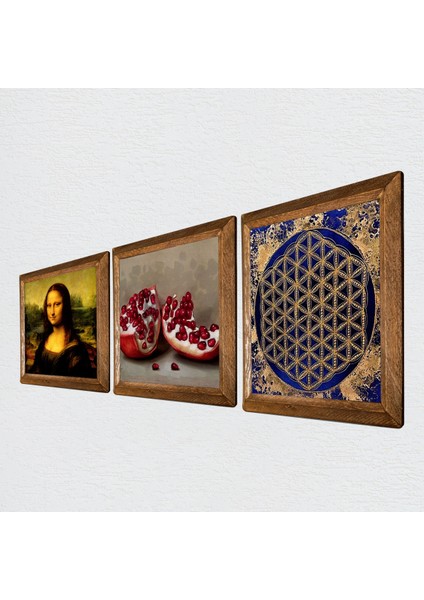 Yaşam Çiçeği, Leonardo da Vinci Mona Lisa, Nar Ahşap Çerçeveli Taş Duvar Tablosu 3’lü Set – 25x25 cm Dekoratif Modern Sanat – Ev ve Ofis Dekoru |W3-1421| fiyatları