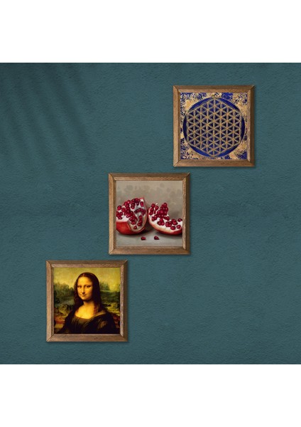 Yaşam Çiçeği, Leonardo da Vinci Mona Lisa, Nar Ahşap Çerçeveli Taş Duvar Tablosu 3’lü Set – 25x25 cm Dekoratif Modern Sanat – Ev ve Ofis Dekoru |W3-1421| modelleri