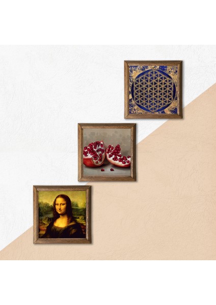 Yaşam Çiçeği, Leonardo da Vinci Mona Lisa, Nar Ahşap Çerçeveli Taş Duvar Tablosu 3’lü Set – 25x25 cm Dekoratif Modern Sanat – Ev ve Ofis Dekoru |W3-1421| indirimleri