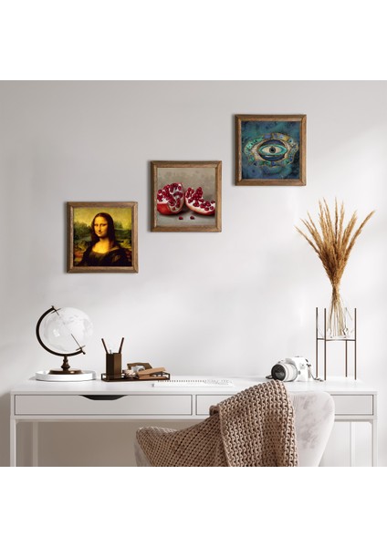 Nazar, Leonardo da Vinci Mona Lisa, Nar Taş Duvar Tablosu Ahşap Çerçeveli Duvar Dekoru 3 Parça Tablo Seti Wall Art W3-1433