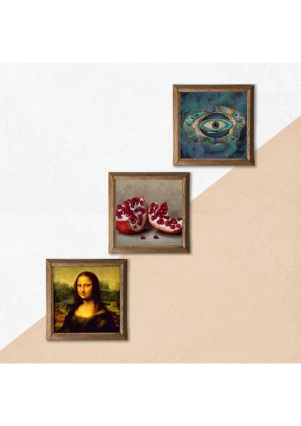 Nazar, Leonardo da Vinci Mona Lisa, Nar Taş Duvar Tablosu Ahşap Çerçeveli Duvar Dekoru 3 Parça Tablo Seti Wall Art W3-1433 indirimleri