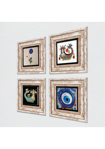 Nazar, Ebru Sanatı, Şahmeran Taş Duvar Tablosu Çerçeveli Duvar Dekoru 4 Parça Tablo Seti Wall Art T4-1516