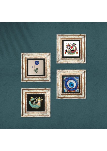 Nazar, Ebru Sanatı, Şahmeran Taş Duvar Tablosu Çerçeveli Duvar Dekoru 4 Parça Tablo Seti Wall Art T4-1516