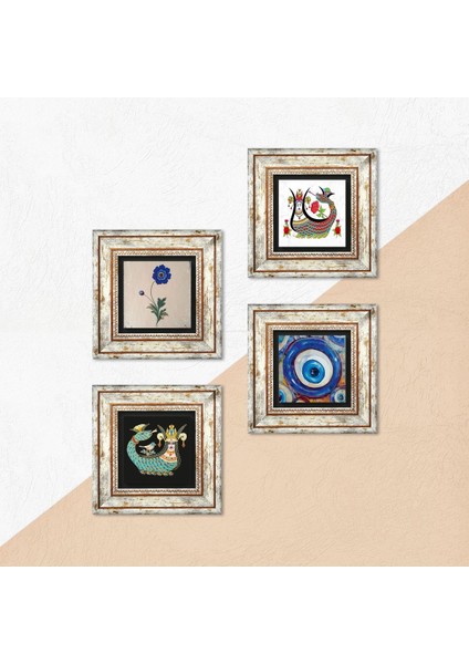 Nazar, Ebru Sanatı, Şahmeran Taş Duvar Tablosu Çerçeveli Duvar Dekoru 4 Parça Tablo Seti Wall Art T4-1516
