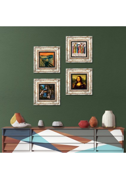 Da Vinci Mona Lisa, Kayalıklar Bakiresi, Çığlık, Yerli Kadınlar Çerçeveli Taş Duvar Tablosu 4’lü Set - Dekoratif Modern Sanat, Ev ve Ofis Dekoru |TK4-1666|