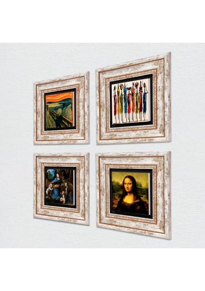 Da Vinci Mona Lisa, Kayalıklar Bakiresi, Çığlık, Yerli Kadınlar Çerçeveli Taş Duvar Tablosu 4’lü Set - Dekoratif Modern Sanat, Ev ve Ofis Dekoru |TK4-1666| fiyatları