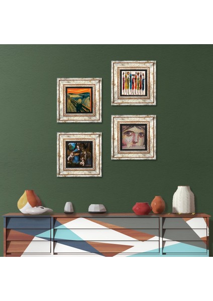 Leonardo da Vinci, Çığlık, Yerli Kadınlar, Çingene Kızı Mozaiği Taş Duvar Tablosu Çerçeveli Duvar Dekoru 4 Parça Tablo Seti Wall Art T4-1680