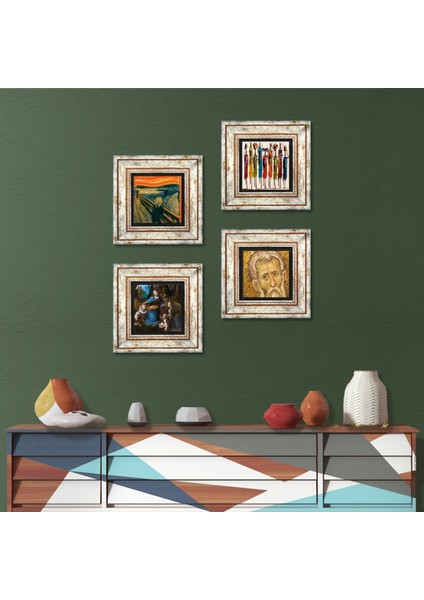 Leonardo da Vinci, Çığlık, Yerli Kadınlar, Mozaik Çerçeveli Taş Duvar Tablosu 4’lü Set - Dekoratif Modern Sanat, Ev ve Ofis Dekoru |TK4-1682|