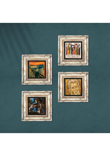Leonardo da Vinci, Çığlık, Yerli Kadınlar, Mozaik Çerçeveli Taş Duvar Tablosu 4’lü Set - Dekoratif Modern Sanat, Ev ve Ofis Dekoru |TK4-1682| fırsatları