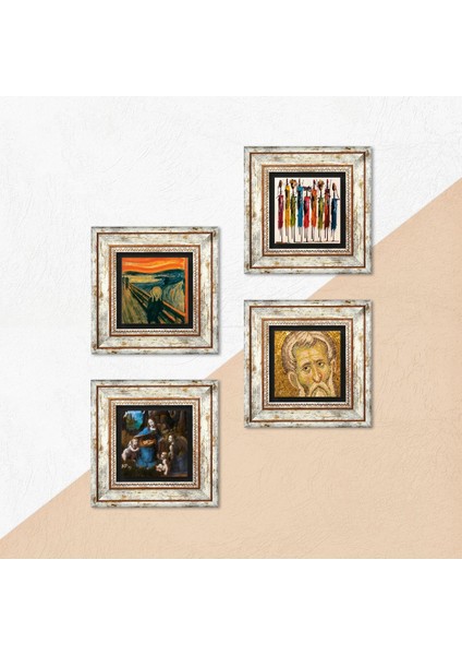 Leonardo da Vinci, Çığlık, Yerli Kadınlar, Mozaik Çerçeveli Taş Duvar Tablosu 4’lü Set - Dekoratif Modern Sanat, Ev ve Ofis Dekoru |TK4-1682| indirimleri
