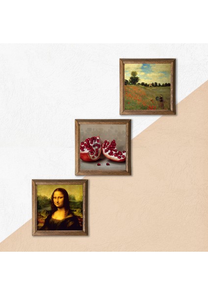 Claude Monet Gelincikler, Leonardo da Vinci Mona Lisa, Nar Ahşap Çerçeveli Taş Duvar Tablosu 3’lü Set – 25x25 cm Dekoratif Modern Sanat – Ev ve Ofis Dekoru |W3-1443| indirimleri