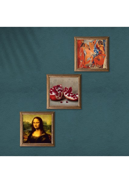 Picasso Avignonlu Kızlar, Leonardo da Vinci Mona Lisa, Nar Ahşap Çerçeveli Taş Duvar Tablosu 3’lü Set – 25x25 cm Dekoratif Modern Sanat – Ev ve Ofis Dekoru |W3-1455| modelleri
