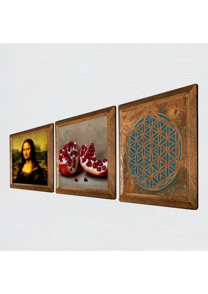 Yaşam Çiçeği, Leonardo da Vinci Mona Lisa, Nar Taş Duvar Tablosu Ahşap Çerçeveli Duvar Dekoru 3 Parça Tablo Seti Wall Art W3-1460 fiyatları