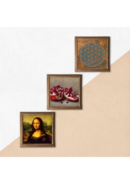 Yaşam Çiçeği, Leonardo da Vinci Mona Lisa, Nar Taş Duvar Tablosu Ahşap Çerçeveli Duvar Dekoru 3 Parça Tablo Seti Wall Art W3-1460 indirimleri