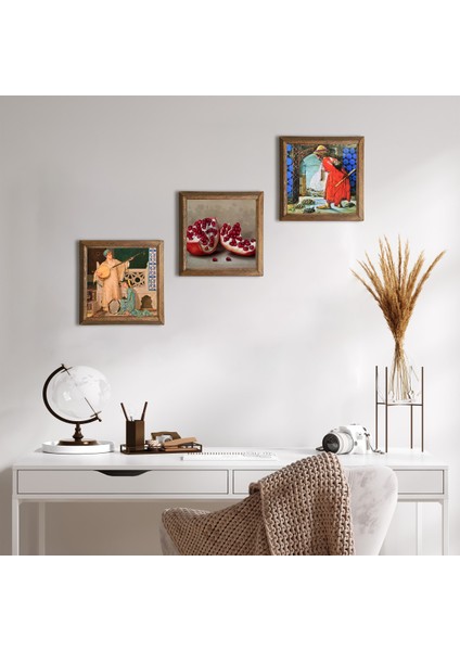 Kaplumbağa Terbiyecisi, İki Müzisyen Kız Tablosu, Nar Taş Duvar Tablosu Ahşap Çerçeveli Duvar Dekoru 3 Parça Tablo Seti Wall Art W3-1461