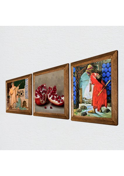 Kaplumbağa Terbiyecisi, İki Müzisyen Kız Tablosu, Nar Taş Duvar Tablosu Ahşap Çerçeveli Duvar Dekoru 3 Parça Tablo Seti Wall Art W3-1461