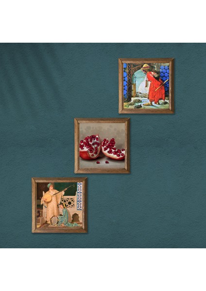 Kaplumbağa Terbiyecisi, İki Müzisyen Kız Tablosu, Nar Taş Duvar Tablosu Ahşap Çerçeveli Duvar Dekoru 3 Parça Tablo Seti Wall Art W3-1461