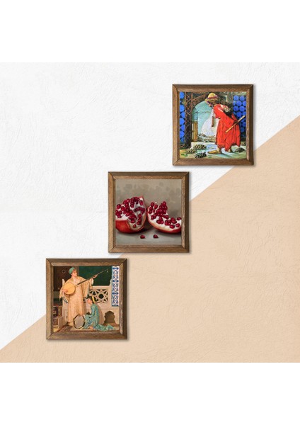 Kaplumbağa Terbiyecisi, İki Müzisyen Kız Tablosu, Nar Taş Duvar Tablosu Ahşap Çerçeveli Duvar Dekoru 3 Parça Tablo Seti Wall Art W3-1461