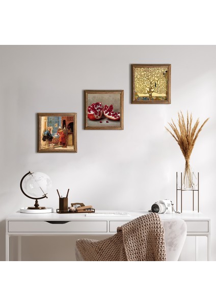 Gustav Klimt Hayat Ağacı, Satranç Oyunu, Nar Taş Duvar Tablosu Ahşap Çerçeveli Duvar Dekoru 3 Parça Tablo Seti Wall Art W3-1584