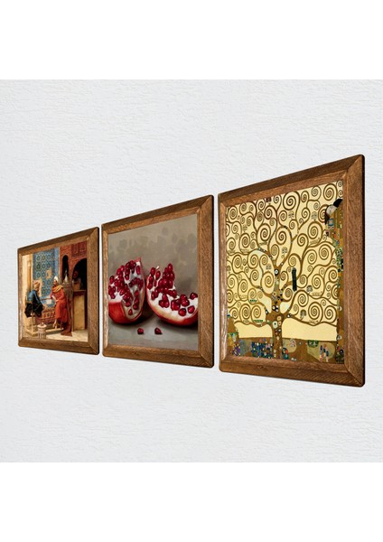 Gustav Klimt Hayat Ağacı, Satranç Oyunu, Nar Taş Duvar Tablosu Ahşap Çerçeveli Duvar Dekoru 3 Parça Tablo Seti Wall Art W3-1584