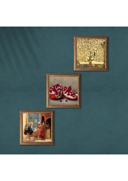 Gustav Klimt Hayat Ağacı, Satranç Oyunu, Nar Taş Duvar Tablosu Ahşap Çerçeveli Duvar Dekoru 3 Parça Tablo Seti Wall Art W3-1584