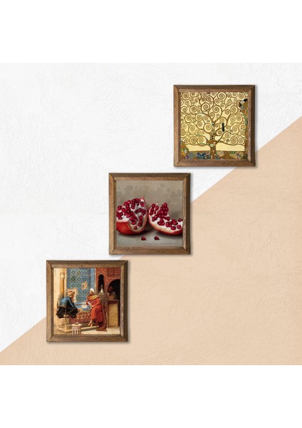 Gustav Klimt Hayat Ağacı, Satranç Oyunu, Nar Taş Duvar Tablosu Ahşap Çerçeveli Duvar Dekoru 3 Parça Tablo Seti Wall Art W3-1584