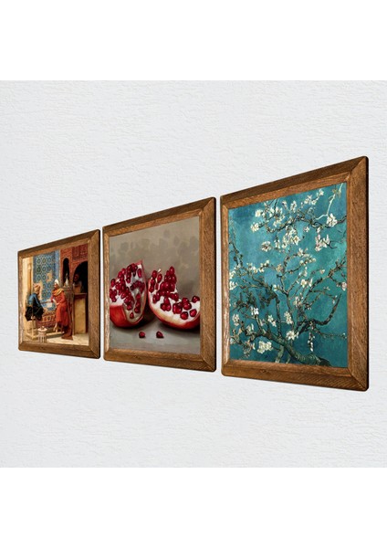 Van Gogh Badem Ağacı, Satranç Oyunu, Nar Taş Duvar Tablosu Ahşap Çerçeveli Duvar Dekoru 3 Parça Tablo Seti Wall Art W3-1590