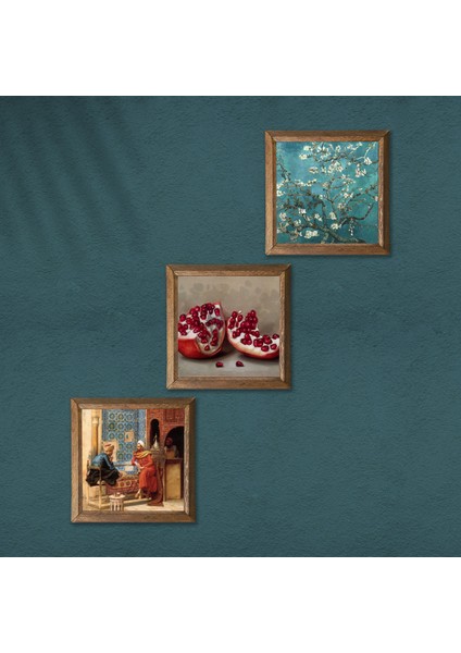Van Gogh Badem Ağacı, Satranç Oyunu, Nar Taş Duvar Tablosu Ahşap Çerçeveli Duvar Dekoru 3 Parça Tablo Seti Wall Art W3-1590