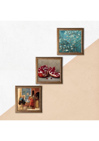 Van Gogh Badem Ağacı, Satranç Oyunu, Nar Taş Duvar Tablosu Ahşap Çerçeveli Duvar Dekoru 3 Parça Tablo Seti Wall Art W3-1590