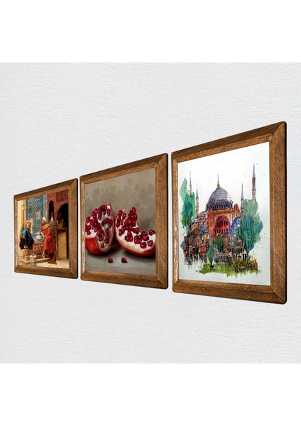 İstanbul Ayasofya, Satranç Oyunu, Nar Taş Duvar Tablosu Ahşap Çerçeveli Duvar Dekoru 3 Parça Tablo Seti Wall Art W3-1599 fiyatları
