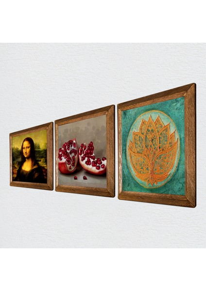 Lotus Çiçeği, Leonardo da Vinci Mona Lisa, Nar Ahşap Çerçeveli Taş Duvar Tablosu 3’lü Set – 25x25 cm Dekoratif Modern Sanat – Ev ve Ofis Dekoru |W3-1429| fiyatları