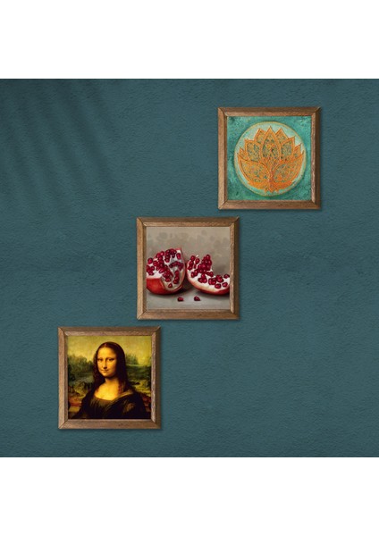 Lotus Çiçeği, Leonardo da Vinci Mona Lisa, Nar Ahşap Çerçeveli Taş Duvar Tablosu 3’lü Set – 25x25 cm Dekoratif Modern Sanat – Ev ve Ofis Dekoru |W3-1429| modelleri
