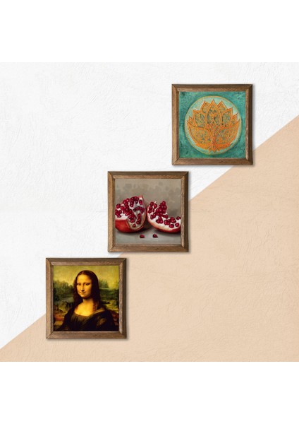 Lotus Çiçeği, Leonardo da Vinci Mona Lisa, Nar Ahşap Çerçeveli Taş Duvar Tablosu 3’lü Set – 25x25 cm Dekoratif Modern Sanat – Ev ve Ofis Dekoru |W3-1429| indirimleri