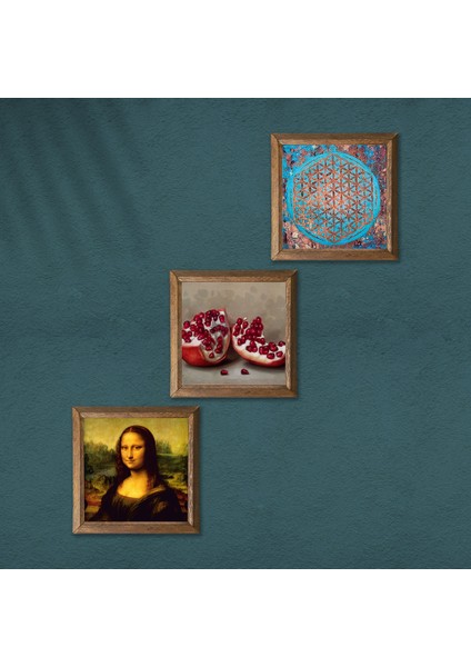 Yaşam Çiçeği, Leonardo da Vinci Mona Lisa, Nar Taş Duvar Tablosu Ahşap Çerçeveli Duvar Dekoru 3 Parça Tablo Seti Wall Art W3-1430