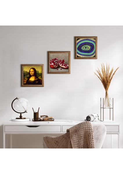 Nazar, Leonardo da Vinci Mona Lisa, Nar Ahşap Çerçeveli Taş Duvar Tablosu 3’lü Set – 25x25 cm Dekoratif Modern Sanat – Ev ve Ofis Dekoru |W3-1432|