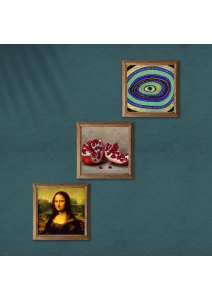 Nazar, Leonardo da Vinci Mona Lisa, Nar Ahşap Çerçeveli Taş Duvar Tablosu 3’lü Set – 25x25 cm Dekoratif Modern Sanat – Ev ve Ofis Dekoru |W3-1432| modelleri
