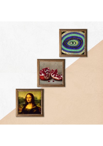 Nazar, Leonardo da Vinci Mona Lisa, Nar Ahşap Çerçeveli Taş Duvar Tablosu 3’lü Set – 25x25 cm Dekoratif Modern Sanat – Ev ve Ofis Dekoru |W3-1432| indirimleri