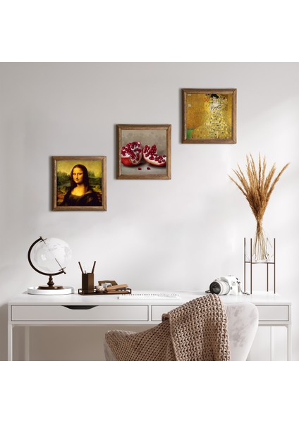 Gustav Klimt, Leonardo da Vinci Mona Lisa, Nar Taş Duvar Tablosu Ahşap Çerçeveli Duvar Dekoru 3 Parça Tablo Seti Wall Art W3-1446