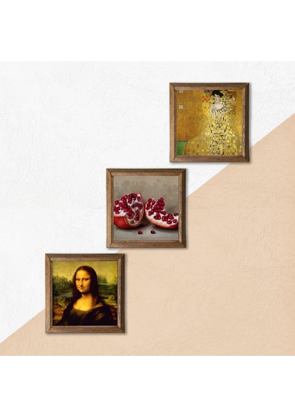 Gustav Klimt, Leonardo da Vinci Mona Lisa, Nar Taş Duvar Tablosu Ahşap Çerçeveli Duvar Dekoru 3 Parça Tablo Seti Wall Art W3-1446 indirimleri