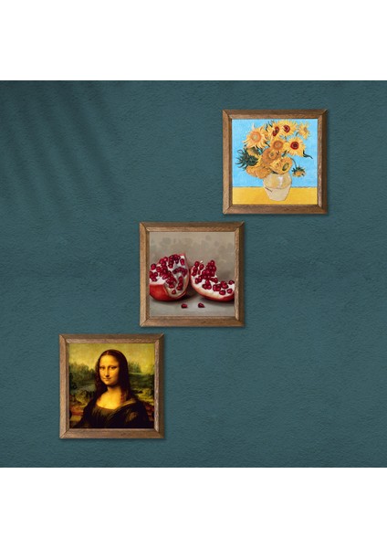 Van Gogh On İki Ayçiçekli Vazo, Da Vinci Mona Lisa, Nar Ahşap Çerçeveli Taş Duvar Tablosu 3’lü Set – 25x25 cm Dekoratif Modern Sanat – Ev ve Ofis Dekoru |W3-1448| modelleri