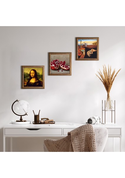Salvador Dalí Belleğin Azmi, Da Vinci Mona Lisa, Nar Ahşap Çerçeveli Taş Duvar Tablosu 3’lü Set – 25x25 cm Dekoratif Modern Sanat – Ev ve Ofis Dekoru |W3-1459|