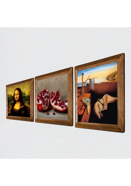 Salvador Dalí Belleğin Azmi, Da Vinci Mona Lisa, Nar Ahşap Çerçeveli Taş Duvar Tablosu 3’lü Set – 25x25 cm Dekoratif Modern Sanat – Ev ve Ofis Dekoru |W3-1459| fiyatları