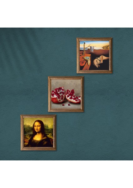 Salvador Dalí Belleğin Azmi, Da Vinci Mona Lisa, Nar Ahşap Çerçeveli Taş Duvar Tablosu 3’lü Set – 25x25 cm Dekoratif Modern Sanat – Ev ve Ofis Dekoru |W3-1459| modelleri