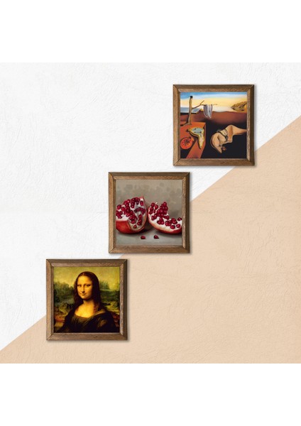 Salvador Dalí Belleğin Azmi, Da Vinci Mona Lisa, Nar Ahşap Çerçeveli Taş Duvar Tablosu 3’lü Set – 25x25 cm Dekoratif Modern Sanat – Ev ve Ofis Dekoru |W3-1459| indirimleri
