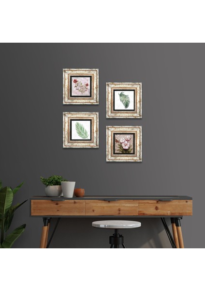 Stone Gül, Yaprak, Kelebekli Çiçek Çerçeveli Taş Duvar Tablosu 4’lü Set - Dekoratif Modern Sanat, Ev ve Ofis Dekoru |TK4-1877|