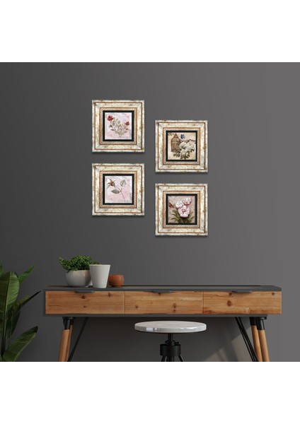 Gül, Kelebekli Çiçek Çerçeveli Taş Duvar Tablosu 4’lü Set - Dekoratif Modern Sanat, Ev ve Ofis Dekoru |TK4-1884|