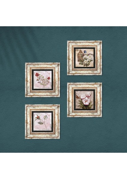 Gül, Kelebekli Çiçek Çerçeveli Taş Duvar Tablosu 4’lü Set - Dekoratif Modern Sanat, Ev ve Ofis Dekoru |TK4-1884| fırsatları