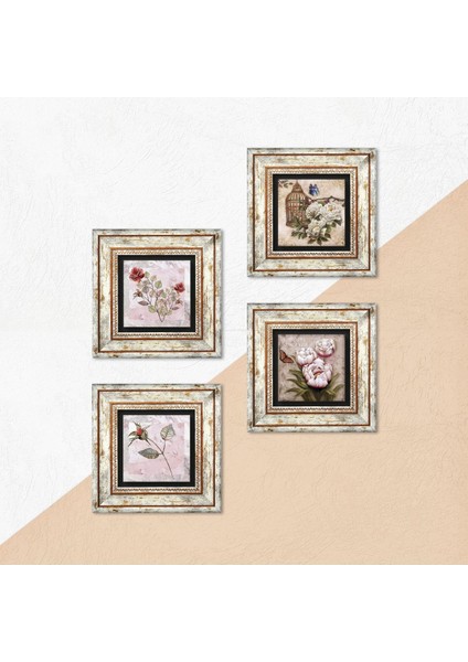 Gül, Kelebekli Çiçek Çerçeveli Taş Duvar Tablosu 4’lü Set - Dekoratif Modern Sanat, Ev ve Ofis Dekoru |TK4-1884| indirimleri