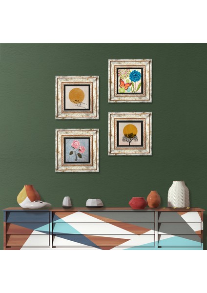 Minimalist, Kelebek, Pembe Ortanca Çiçeği Çerçeveli Taş Duvar Tablosu 4’lü Set - Dekoratif Modern Sanat, Ev ve Ofis Dekoru |TK4-1891|