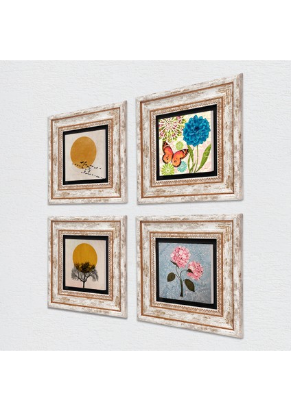 Minimalist, Kelebek, Pembe Ortanca Çiçeği Çerçeveli Taş Duvar Tablosu 4’lü Set - Dekoratif Modern Sanat, Ev ve Ofis Dekoru |TK4-1891| fiyatları
